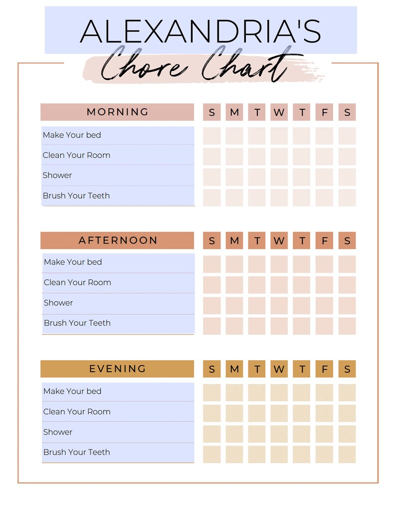 Puede incluir: Un cuadro de tareas imprimibles con el t&iacute;tulo "ALEXANDRIA'S Chore Chart". El cuadro est&aacute; dividido en tres secciones: Ma&ntilde;ana, Tarde y Noche. Cada secci&oacute;n enumera cuatro tareas: Hacer la cama, Limpiar la habitaci&oacute;n, Ducharse y Cepillarse los dientes. El cuadro tiene una cuadr&iacute;cula con los d&iacute;as de la semana etiquetados en la parte superior.