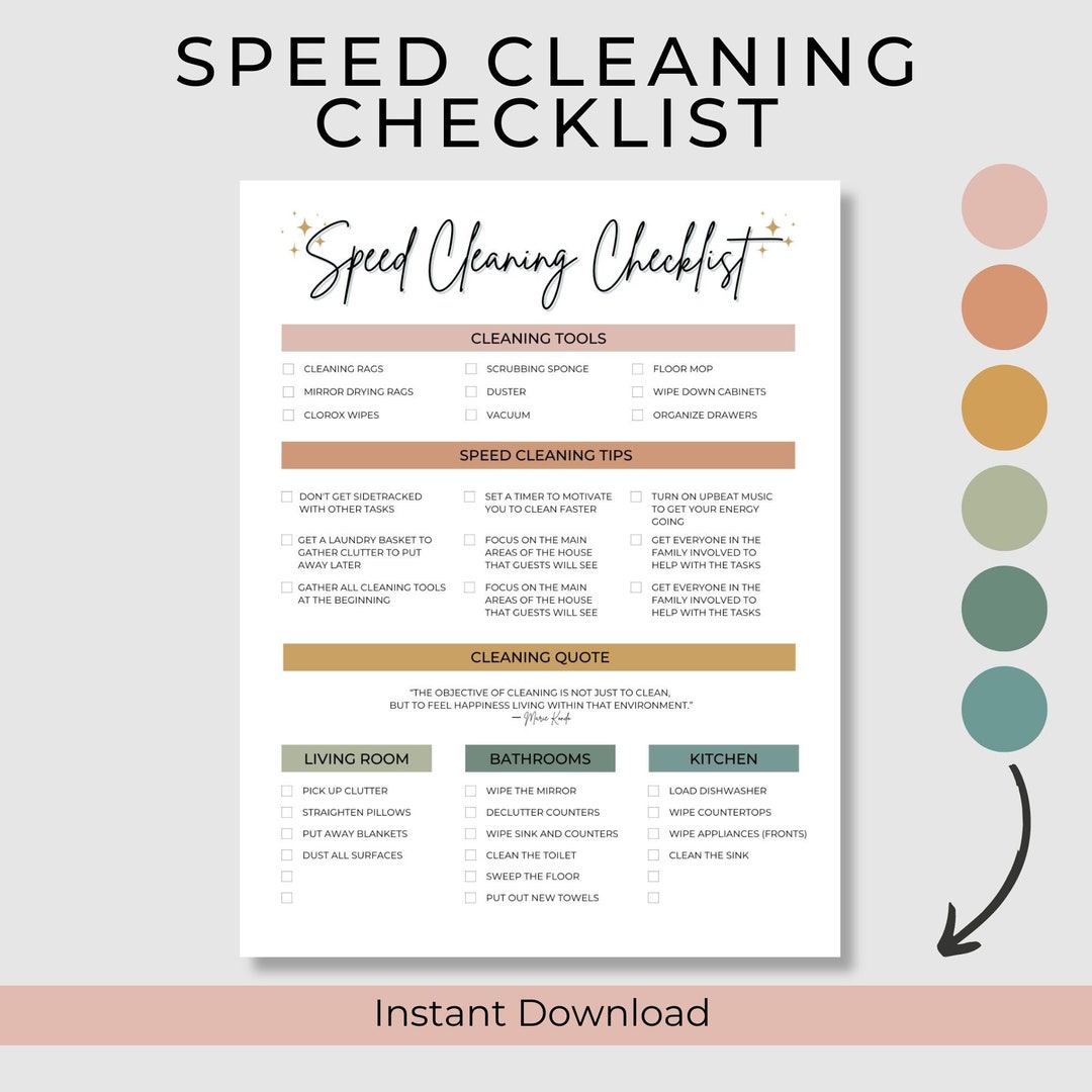 Clutter control, Speed cleaning, Speed cleaning checklist