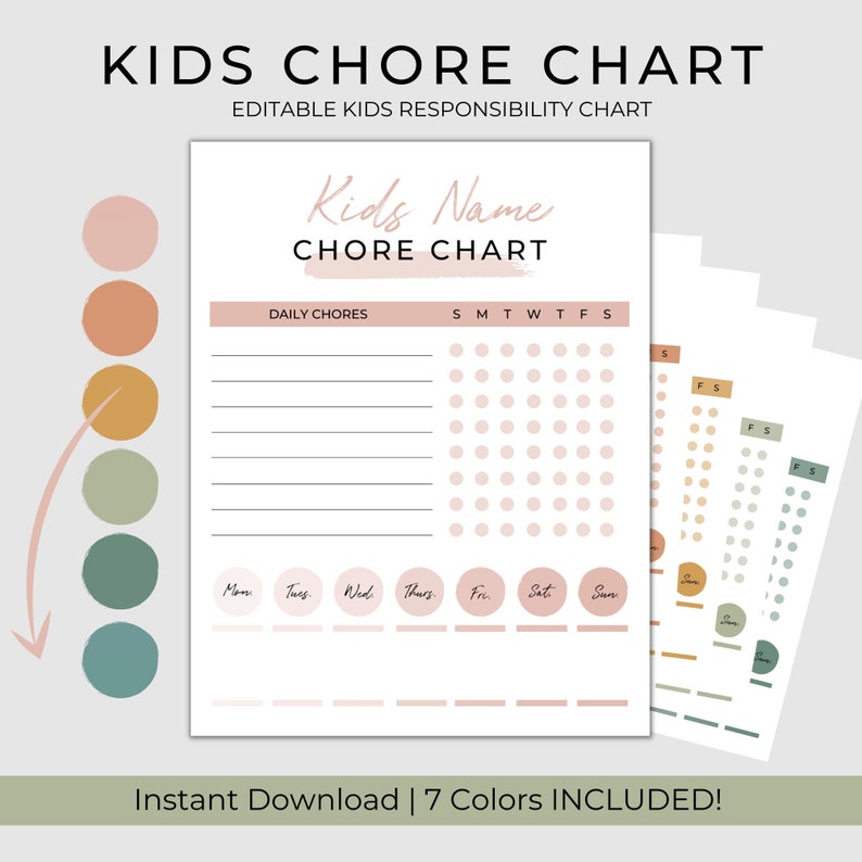 EDITABLE Kids Chore Chart Responsibility Chart School Chart Kids Schedule Includes 7 colors image 1