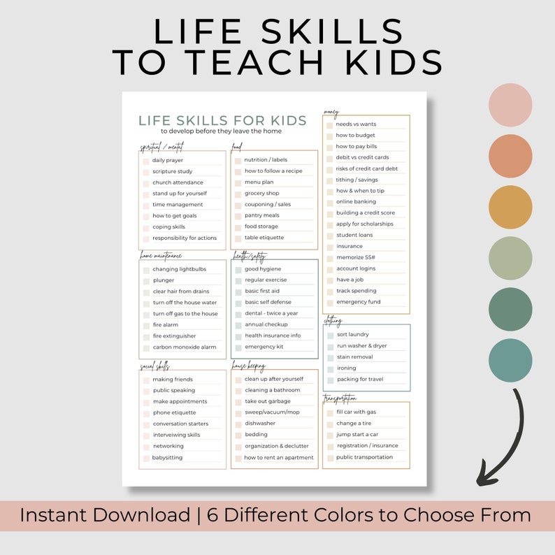 Kids Life Skills Checklist | Homeschool Planner Page | Parenting tools | Includes 7 colors! image 1
