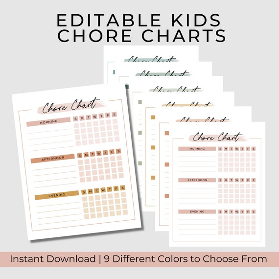 EDITABLE Kids Chore Chart | Responsibility Chart | School Chart | Kids Schedule - Includes 7 colors!