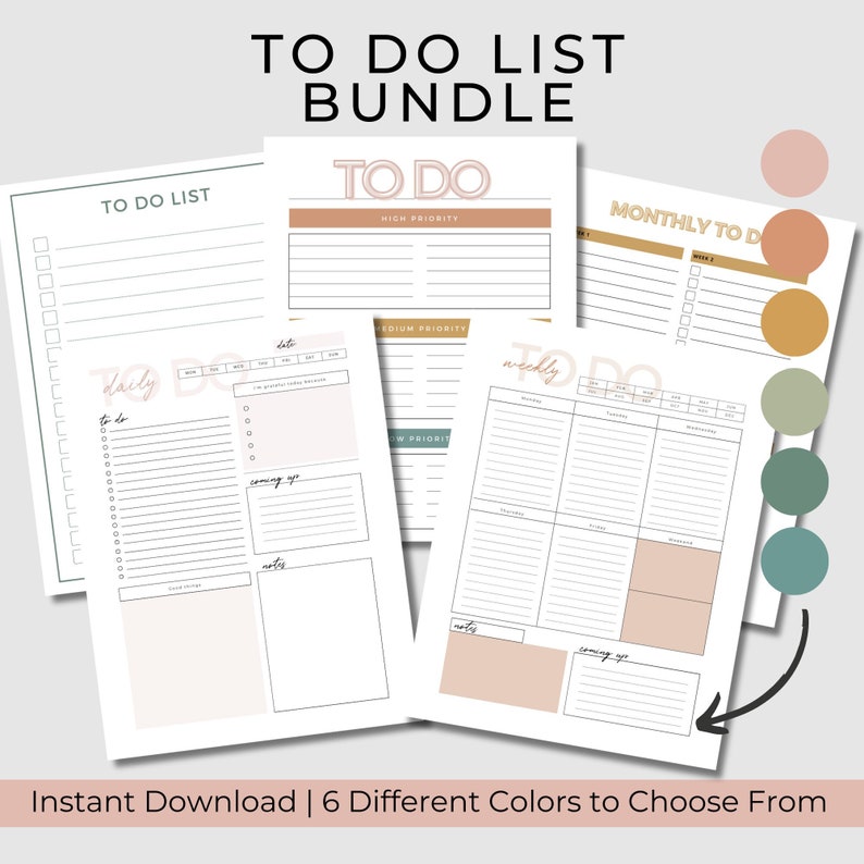 May include: Printable to-do list bundle with six different colour options. The bundle includes daily, weekly, and monthly to-do lists.