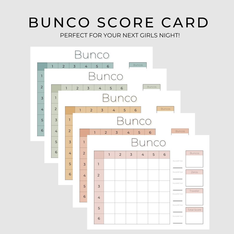 May include: A printable Bunco scorecard with a light green, peach, and light pink color scheme. The scorecard has a grid for recording scores and spaces for recording the number of Buncos, zeros, travelers, and total score.