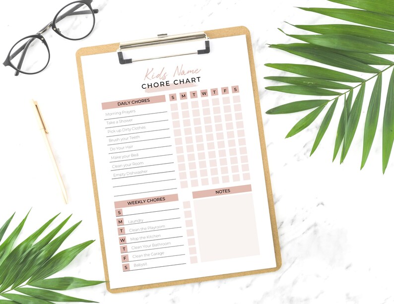 May include: A printable chore chart for kids with a pink and white color scheme. The chart includes daily and weekly chores with checkboxes for each day of the week. The chart is titled "Kids Name Chore Chart".