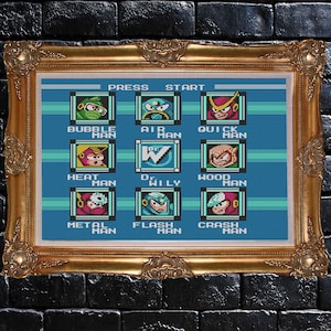 May include: A pixelated image of the character selection screen from the video game Mega Man 2. The screen is blue with white and light blue stripes. The characters are arranged in a grid of three rows and three columns. The characters are all pixelated and have a retro video game style. The text "PRESS START" is at the top of the screen.
