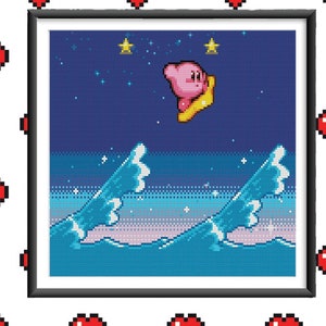 以下が含まれることがあります： ピンクのキャラクター、カービィが黄色の星型のサーフボードに乗って青い波の上を滑っているピクセルアート。背景は、白い星が輝く濃い青色の夜空です。