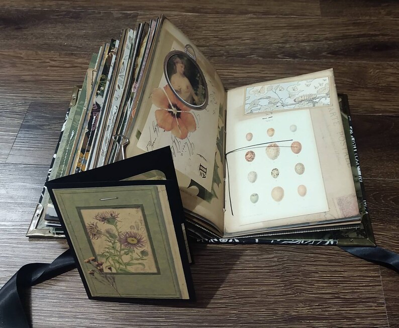 May include: Open journal with vintage-style pages, including botanical illustrations and a portrait. A black frame with a floral print is in the foreground. The journal is bound with a black ribbon and has metal corner protectors.