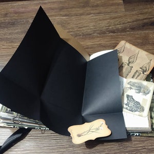 May include: An open, handmade journal with a black cover and pages. The journal contains vintage-style illustrations of candles and frogs. A black ribbon is tied around the journal. A small, tan label with a botanical illustration is attached.