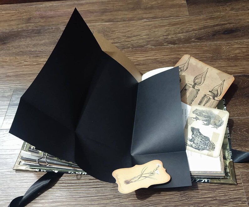 May include: An open, handmade journal with a black cover and pages. The journal contains vintage-style illustrations of candles and frogs. A black ribbon is tied around the journal. A small, tan label with a botanical illustration is attached.