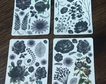 Set met gotische bloemenstickers. Zwarte bloemstickers. Plannerstickers.