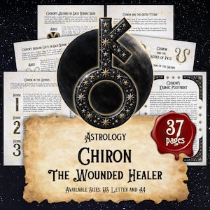 Op de afbeelding: Een digitaal astrologieproduct met de titel "Chiron The Wounded Healer". De afbeelding toont een centraal symbool met sterren, omringd door tekstpagina's en een rood zegel met de tekst "37 pagina's". Beschikbaar in US Letter en A4 formaten.
