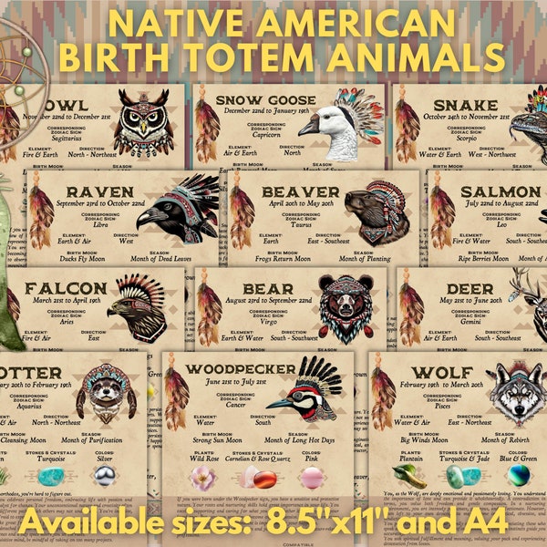 Native American Birth Totem Animals | Instant Digital Download Printable Book of Shadows / Grimoire Page