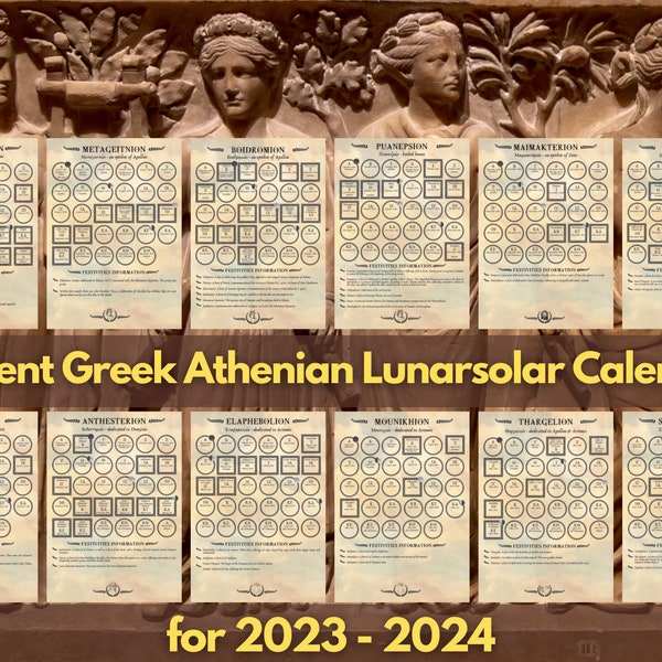 Instant Digital Download Printable Ancient Greek Athenian Lunarsolar Calendar for 2023-2024 | JPG files sized A4