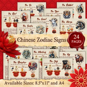 Signos del ZODIACO CHINO / Astrología / Páginas imprimibles de descarga digital instantánea / tamaños A4 y 8,5'' x 11''