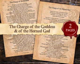 May include: Two pages of text on a parchment-like background. The text is in a traditional font and includes the "Charge of the Goddess" and the "Charge of the Horned God".
