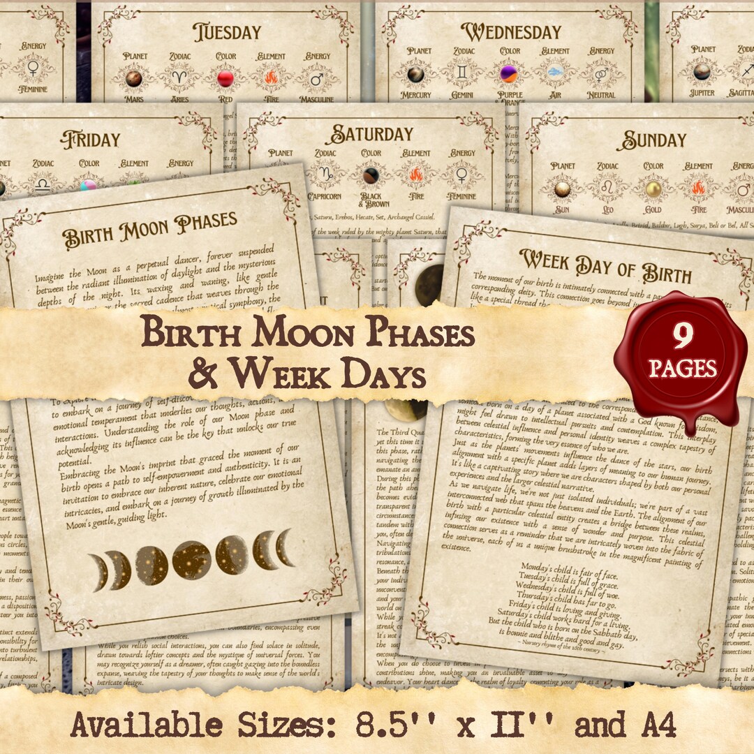 BIRTH MOON Phases and Week Days Instant Digital Download Printable Book