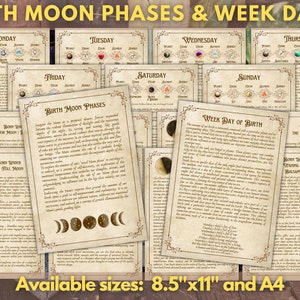 Phases de lune de naissance et jours de la semaine | Livre des ombres imprimable en téléchargement numérique instantané / Pages du grimoire | formats A4 et 8,5 x 11 po