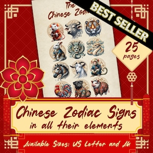 Könnte beinhalten: Ein Druck mit den zwölf chinesischen Tierkreiszeichen, jeweils dargestellt als Tier mit detaillierten Illustrationen. Der Druck enthält den Text "Chinese Zodiac Signs in all their elements" und "Best Seller". Erhältlich in US Letter und A4 Größen.
