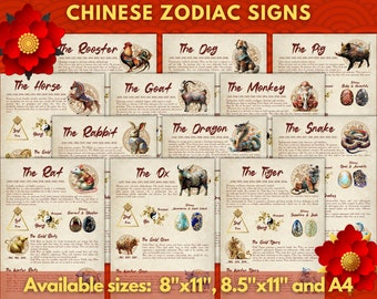 Chinese Zodiac Signs | Astrology | Instant Digital Download Printable Pages | sizes A4, 8''x11'' & 8.5''x11''