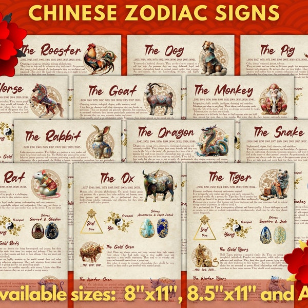 Chinese Zodiac Signs | Astrology | Instant Digital Download Printable Pages | sizes A4, 8''x11'' & 8.5''x11''