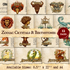 CRYSTAL MAGICK - Zodiac Crystals and Birthstones | Digital Download Printable Book of Shadows / Grimoire Pages | sizes A4 & 8.5&#39;&#39;x11&#39;&#39;