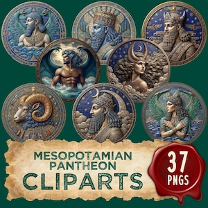 May include: A collection of circular digital illustrations featuring Mesopotamian deities and mythological figures in relief style, with a parchment-style banner at the bottom displaying the text MESOPOTAMIAN PANTHEON CLIPARTS and a red wax seal with 37 PNGS.
