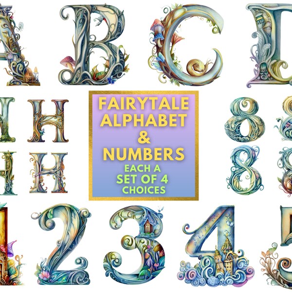 FAIRYTALE English Alphabet & Numbers Clipart Bundle - Téléchargement numérique instantané imprimable