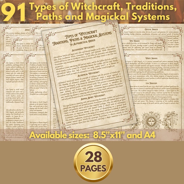 91 Types of Witchcraft, Traditions, Paths and Magickal Systems for digital Book of Shadows / Grimoire | HR .JPG files A4 & 8.5''x11''