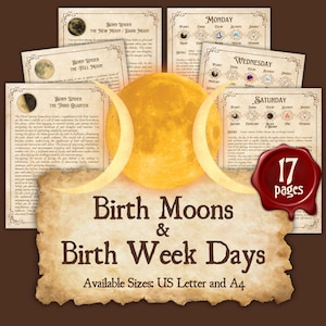 BIRTH MOON Phases and Week Days | Instant Digital Download Printable Book of Shadows / Grimoire Pages | sizes A4 & 8.5''x11''