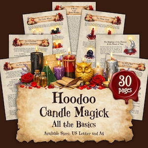 Puede incluir: Una colección de páginas impresas con el título "Hoodoo Candle Magick All the Basics". La imagen presenta velas, rosas y una figura de búho. El texto incluye "30 páginas" y "Available Sizes: US Letter and A4".