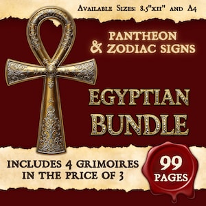 Puede incluir: Una cruz ansada dorada y ornamentada con detalles intrincados es el punto focal de esta imagen. El texto dice "Panteón y Signos del Zodíaco" y "Paquete Egipcio". Incluye 4 grimorios al precio de 3, con 99 páginas. Tamaños disponibles: 21.6cm x 28cm y A4.
