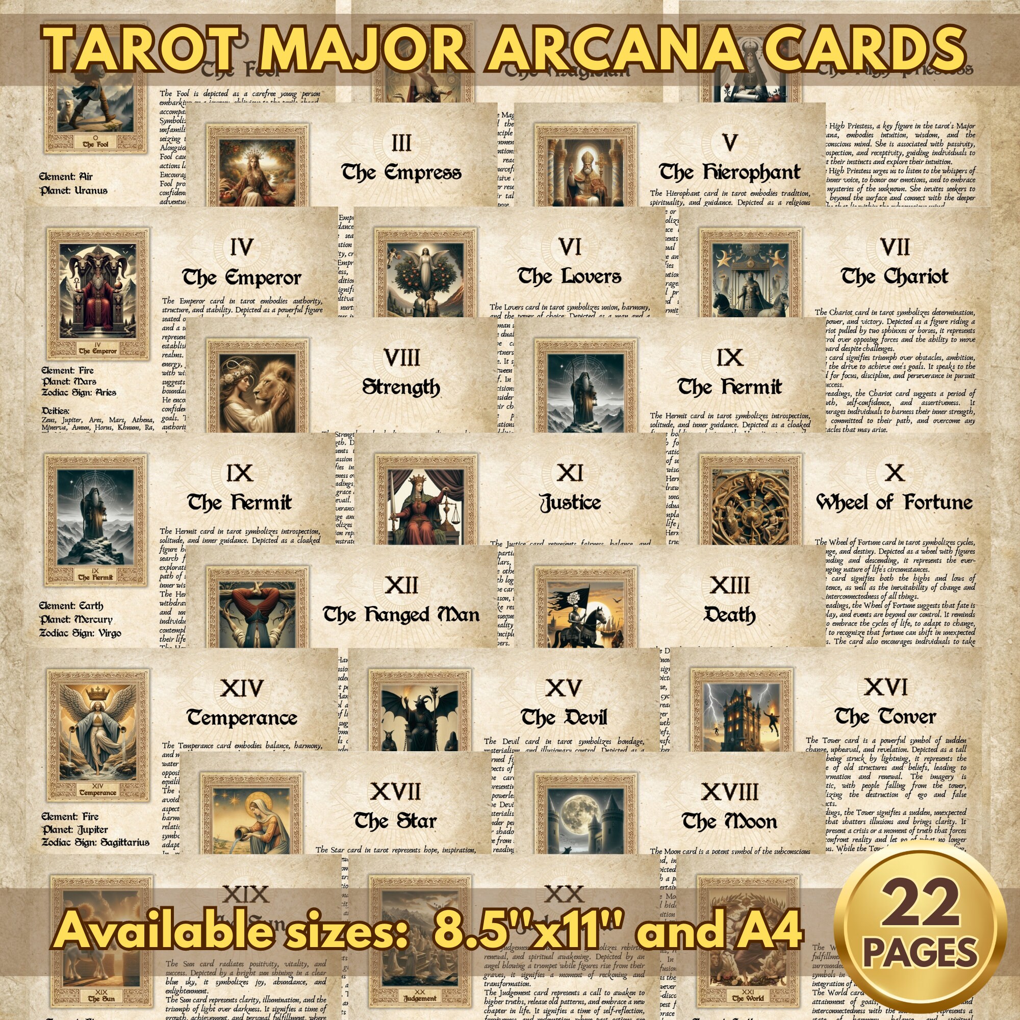 The MAJOR ARCANA Tarot Cards Instant Digital Download Printable Pages ...