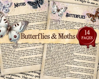 May include: A digital printable art collage featuring butterflies and moths with text about their symbolism and spiritual meaning. The text includes the words "Butterflies & Moths" and "14 Pages". The collage is designed to look like an old book with a vintage aesthetic.