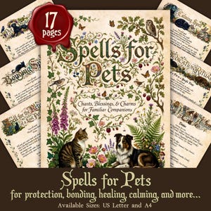 Può includere: Una raccolta di 17 pagine di incantesimi per animali domestici con una copertina che mostra un'illustrazione di un gatto e un cane circondati da viti botaniche, fiori e uccelli. Il testo recita Spells for Pets, Chants, Blessings, & Charms for Familiar Companions.