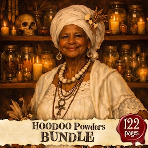 May include: A person wearing a white headwrap with a small skull accent and a white lace-trimmed top, adorned with layered beaded necklaces and an ankh pendant. The text reads Hoodoo Powders BUNDLE and 122 pages, set against a shelf of glass jars.