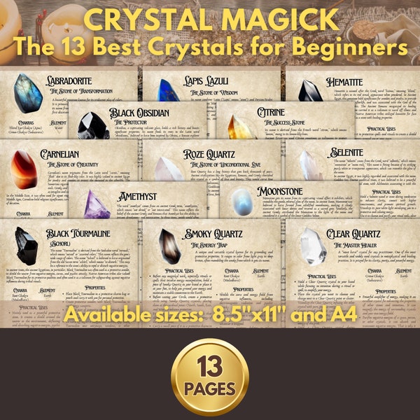 CRYSTAL MAGICK | The 13 Best Crystals for Beginners | Digital Download Printable Book of Shadows / Grimoire Page | .jpg files A4 & 8.5"x11"