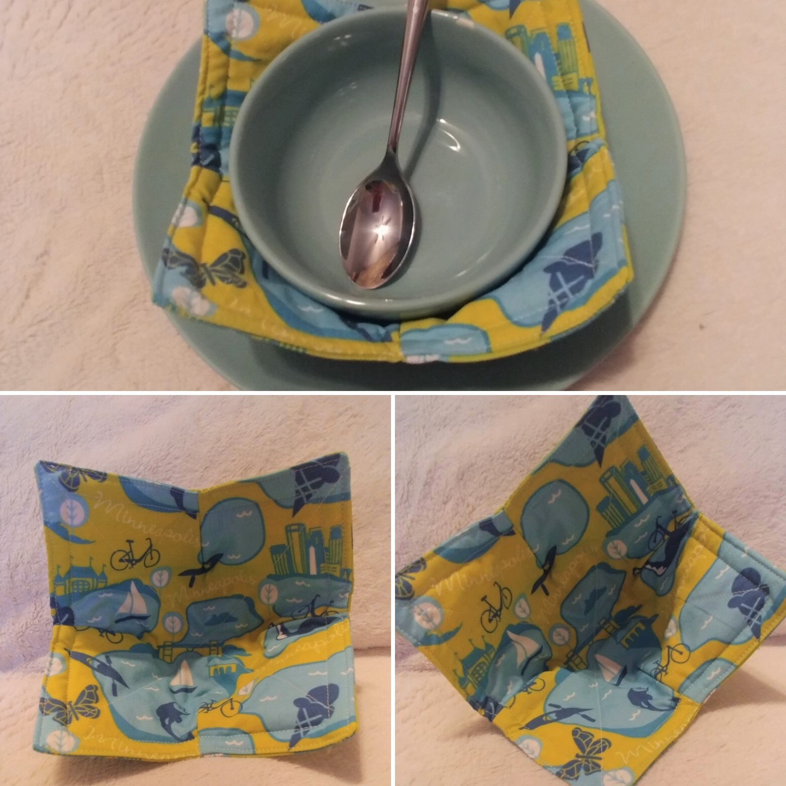 Quilted Bowl Cozy for microwave or ice cream 10 x 10 Green/Orange Floral  - Handy Caddy & Irresistible Leggings