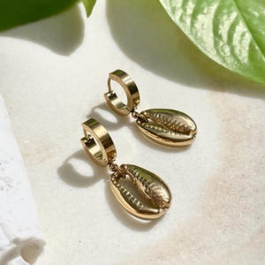 Gold Cowrie Shell Earrings, Chunky Hoop, Coastal Jewelry