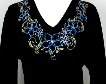Embellished Rhinestone & Shiny Blue and Gold or Pink and Gold Floral Short or 3/4 Sleeve Knit Top Sizes Small Up To Size 3X