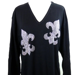 Hand Embellished Silver Stud Mardi Gras Fleur de Lis Short or 3/4 Sleeve V-Neck Knit Top Available Sizes Small Up To Size 3X