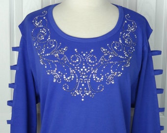 SALE 1X Hand Embellished A-Line Tunic Top Ladder Sleeve Royal Blue Victorian Style Pewter Swirl Neckline