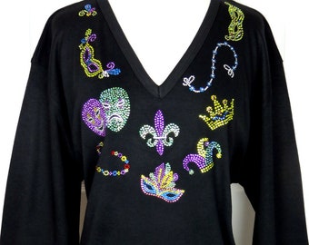 Embellished Rhinestone & Shiny Stud Mardi Gras Themed 3/4 Sleeve Knit Top Sizes Small Up To Size 3X 9 Colors Available