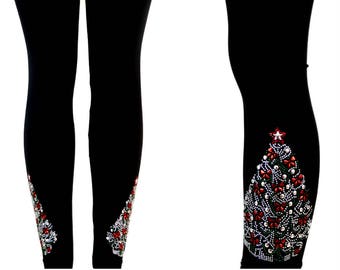 Regular Size Full Length Leggings Embellished Rhinestone Silver Green & Red Christmas Tree Design