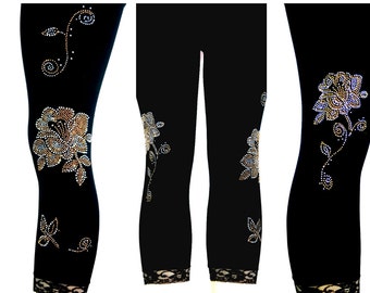 Plus Size Capri Length Leggings Embellished Gold Yellow & Crystal Rhinestone Roses Design