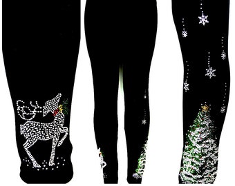 Plus Size Full Length Leggings Embellished All Rhinestone Gorgeous Christmas Tree, Snowflakes & Holiday Reindeer Design