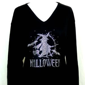 Halloween heks top kristal strass bling heks rijden bezemsteel maan en vleermuizen 3/4 mouw klein tot maat 3X LAATSTE met pensioen ontwerp