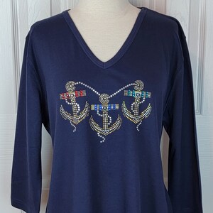Top de vela com strass enfeitado à mão, âncoras de cruzeiro náutico, manga curta ou 3/4, tamanhos disponíveis pequeno até o tamanho 3X