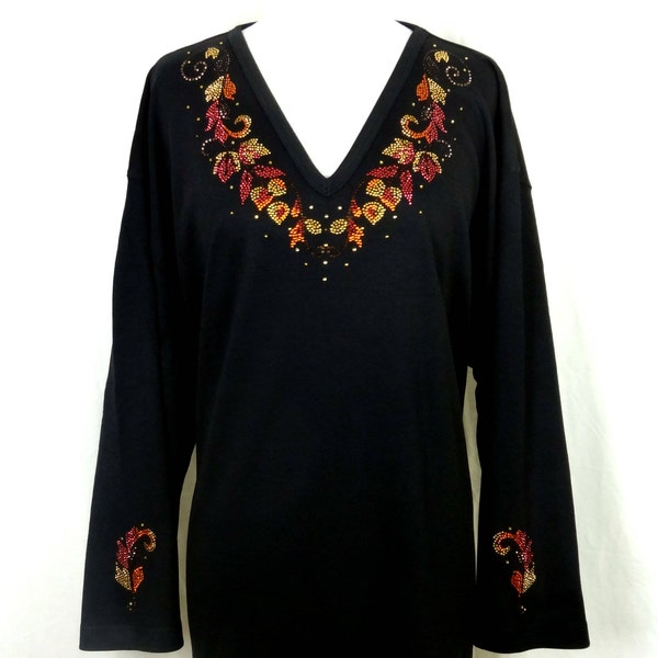 Embellished Rhinestone & Stud Autumn Leaves and Vines 3/4 Sleeve Knit Top Available Sizes Small Up To Size 3X