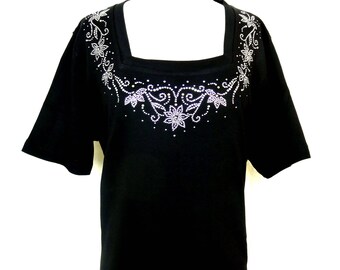 Mão embelezada iridescente strass decote floral manga curta malha tamanhos superiores pequenos até o tamanho 3X 8 opções de cores