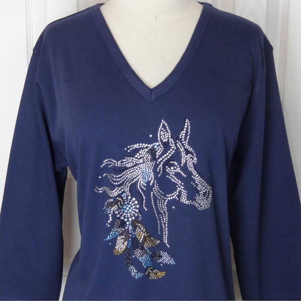 Embellished All Rhinestone Crystal Stallion Horse With Feathered Mane Short or 3/4 Sleeve Knit Top Available Sizes Small Up To Size 3X